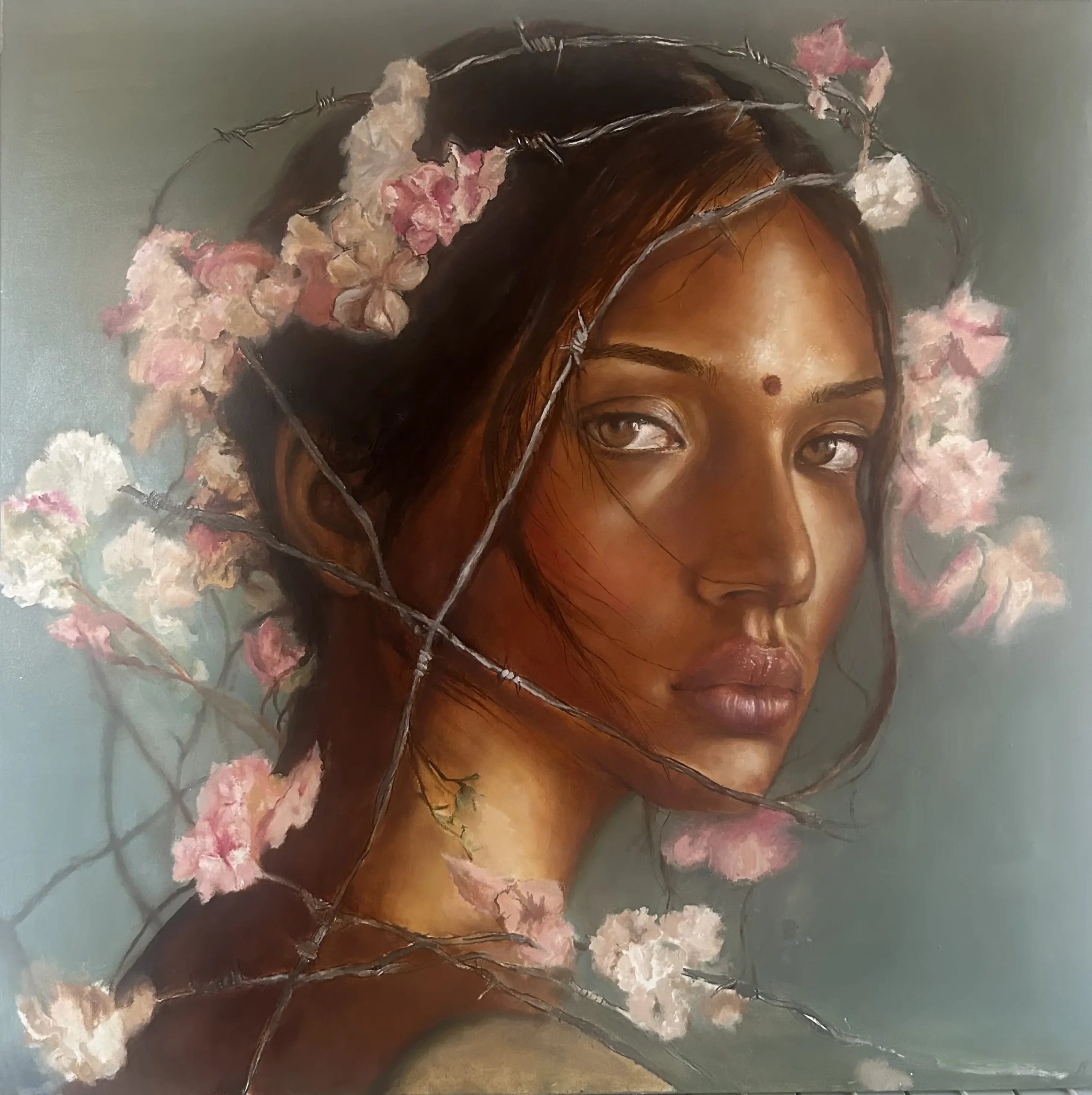 Serie: tra fiori e ferro – olio su tela – 80x80 – 2026